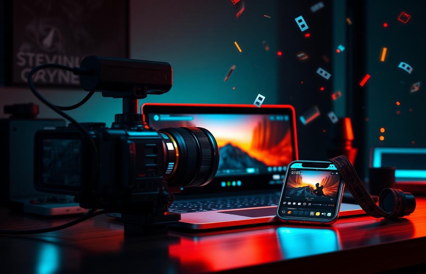Cinematic AI video creation workspace with camera, laptop and phone showing edited scene